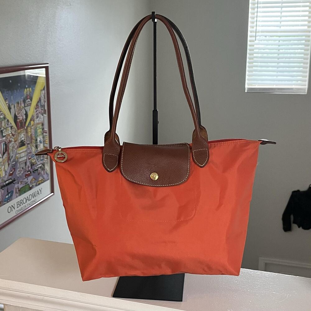 Longchamp Le Pliage Tote Bag Brick Orange Nylon Leather Shoulder Purse Zip Top